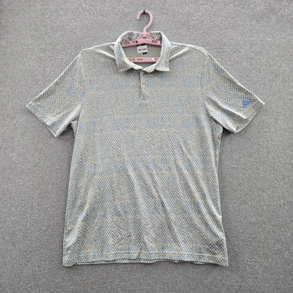 Adidas Men Polo XL Blue Geometric Button‎ Short Sleeve Polyamide